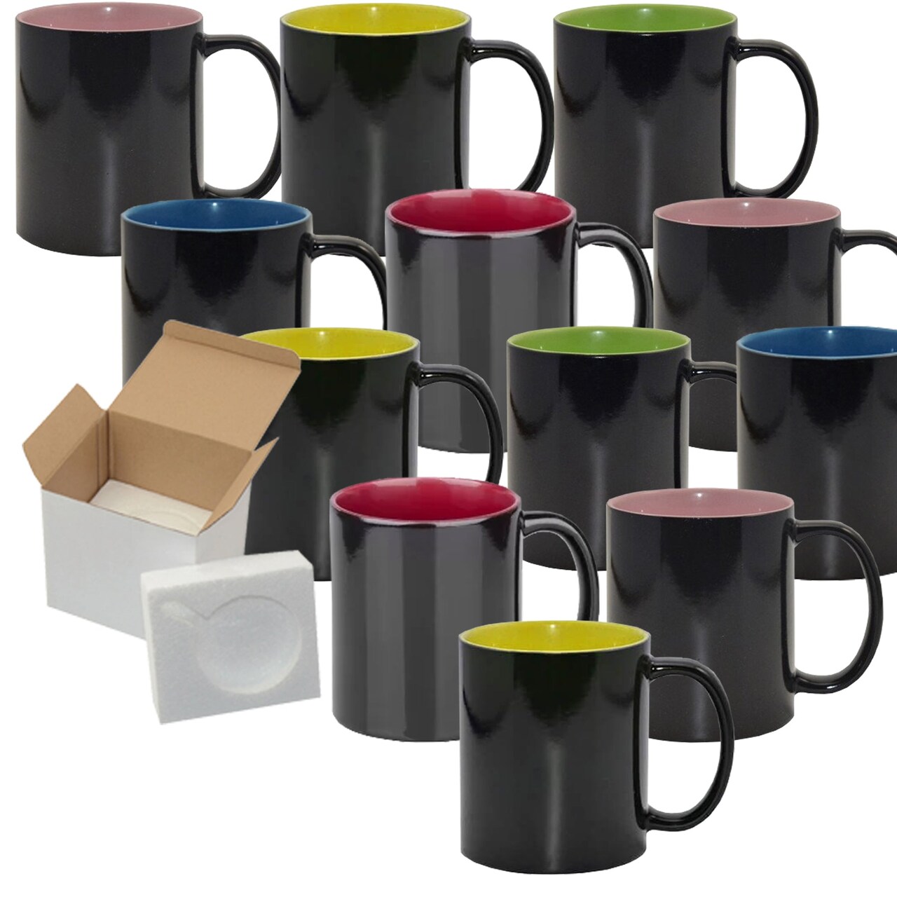 12 Pack 11oz Mixed Inner Magic Color Changing Sublimation Mugs - Cardboard Box with Foam Supports